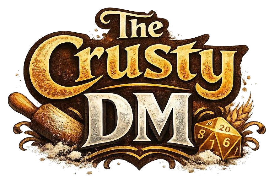 The Crusty DM logo — a rolling pin, a d20, and a sheaf of wheat